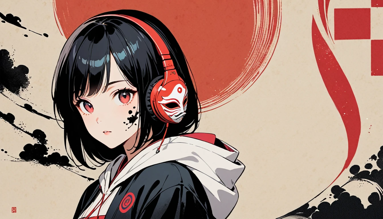 (((Ink Painting))), (((wearing Yaokai mask on face))), (((Kitsune))), (((1 girl))), (((Japanese style headphones))), (((Japanese pattern hoodie))), (((Put on the hood))), Delicate and precise, Modern ukiyo-e style,Japan, Japanese flag, vivid color