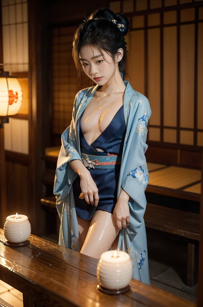 (((best quality))),(((ultra detailed))),(((masterpiece))),illustration,((1 beautiful Japannese girl,solo)),((slim,thin)),((small breasts,flat chest)),(in izakaya:1.3),(summer:1.2),(rainy:1.3),(indoor:1.2),(night scene:1.3),(wet:1.3),(collar:1.2),(blue floral kimono:1.3),neat bun,porcelain skin,(slender legs:1.2),(geta:1.2),rouge,dimly lit,warm glow,ethereal,(standing beside the table:1.3),(arms behind back:1.5),sake bottle,half-empty glass,tray,grilled fish,steamed vegetables,half-eaten,melancholic smile,storm,solitude,enigmatic aura,tranquility,chaos,simplicity,mysterious,captivating,((from front,full body))