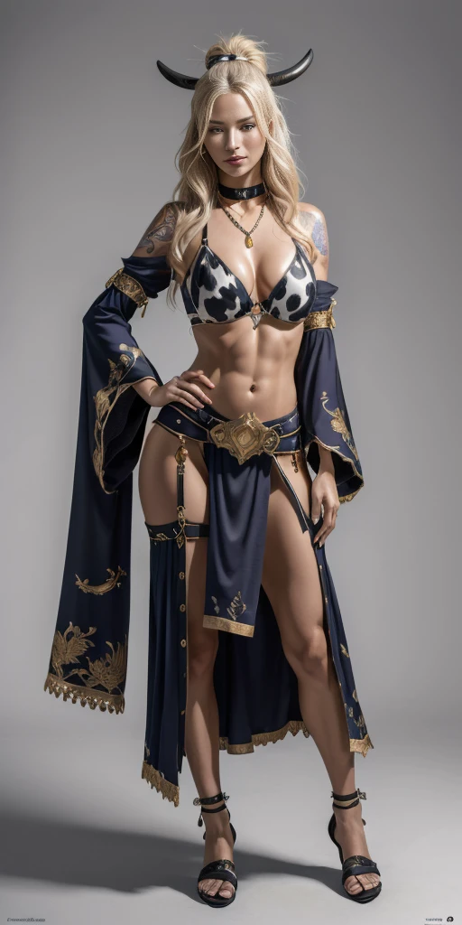 a beautiful samurai girl, detailed face and features, mature expression, purple eyes, long blonde hair, wearing a black and white cow print bikini with detached sleeves, stockings, abs, large breasts, golden chain collar, stomach tattoo, standing full body pose with hands on hips, looking at viewer from below, metal sandals, choker, big belt, plain background, (best quality,4k,8k,highres,masterpiece:1.2),ultra-detailed,(realistic,photorealistic,photo-realistic:1.37),fantasy,portrait