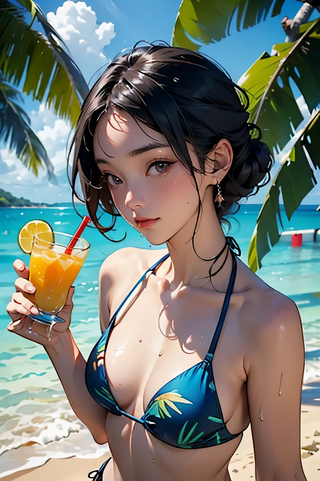 1 female、 alone、(18-year-old female)、(A girlfriend in a sexy swimsuit holds out a tropical drink in one hand and offers it to the viewer.:1.2)、(Small cleavage is sexy)、 BREAK(Low angle shot)、 (From below)、(Dutch Angle)、BREAK(Facing directly at the viewer:1.2)、Cute face、Cute eye drawing、Shortcuts、Black Hair、Healthy body shape、Moisturized Skin、