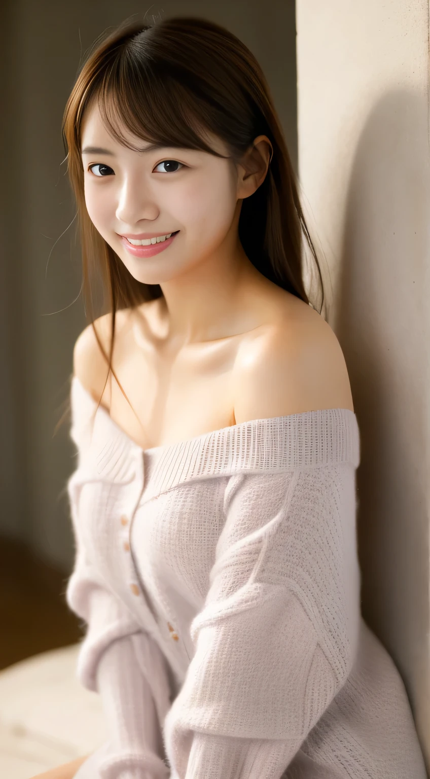 masterpiece,best quality,(Japanese girl),((Beautiful girl)),cleavage,(off shoulder:1.2),(perfect body beauty:1.2),(shy smile),from above