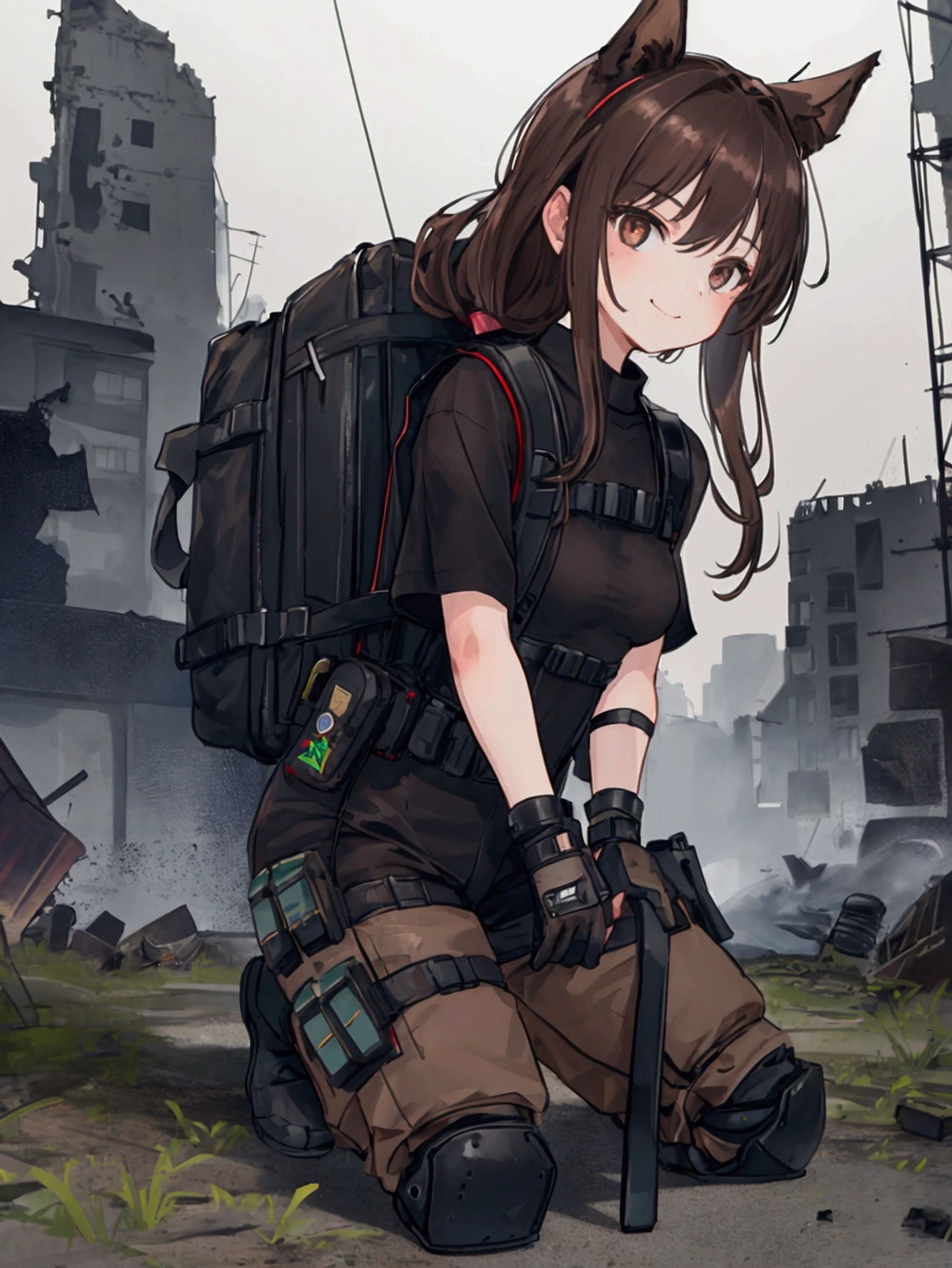 ((1girl)), super fine illustration, vibrant colors, absurdres extremely detailed CG, 8k wallpaper, (masterpiece:1.3), dynamic angle, dynamic pose, best quality, depth of field, cinematic lighting, ultra detailed, ((dark brown long hair)), long hair, pony tail, 20yo, cute, very baby face, medium breast, brown eyes, kawaii, tender smile, droopy eyes, Military head set, padded combat glove, black tactical vest, black t-shirts, tan combat pants, combat boots, knee pad, elbow pad, small military backpack, ruin city, Post-apocalypse
