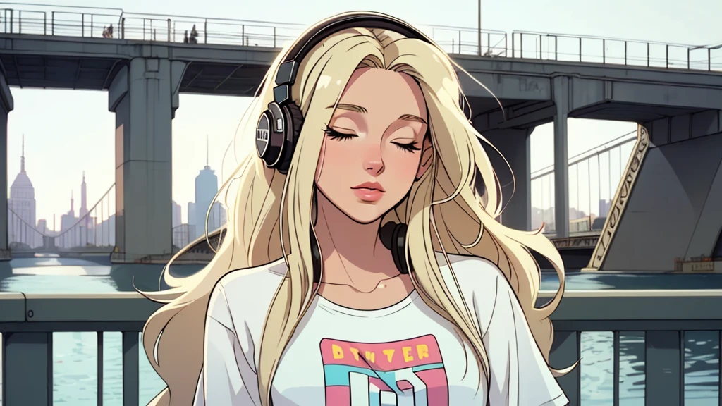 Street fashion girl,  headphones, LOFI Retro, stylish, 1980s, bridge, usa, morning, beautiful blonde long hair woman in her 20s, close your eyes, white skin, upper body