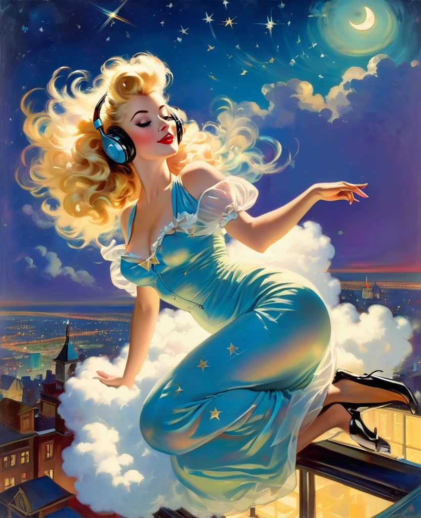 A Gil Elvgren pin-up style painting of a beautiful blonde woman with big messy hair,  floating on a cloud gracefully laying on the cloud, wearing headphones, wearing little transparent nightgown, with moon light, twinkling stars and colorful stardust, vibrant and colorful, full body shot, looking down at a small city at night, cityscape 