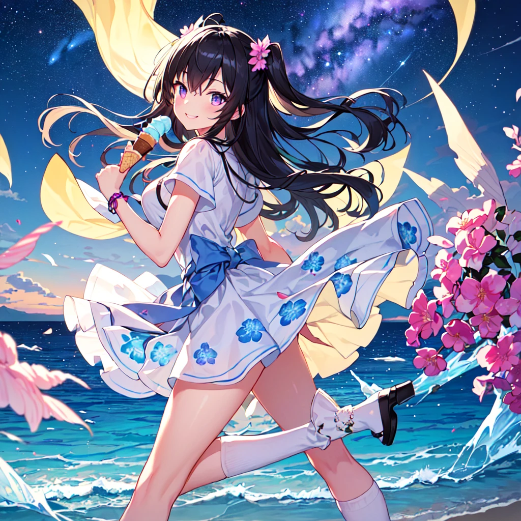 masterpiece, best quality, high quality, extremely detailed, very delicate and beautiful, (1 female 18 years old alone solo:1.5), (long black hair up to waist with two side up:1.5), bangs to eyebrows, eyes (eyes: 1.3), (eye color magenta: 1.3), 6.5 head height, (summer fashion with summer flower print: 1.3), knee socks, lace, frills, (holding ice cream: 1.3), (standing), (dynamic pose), (smiling), (background: seaside: 1.3), ,(Milky Way Night Sky:1.3)