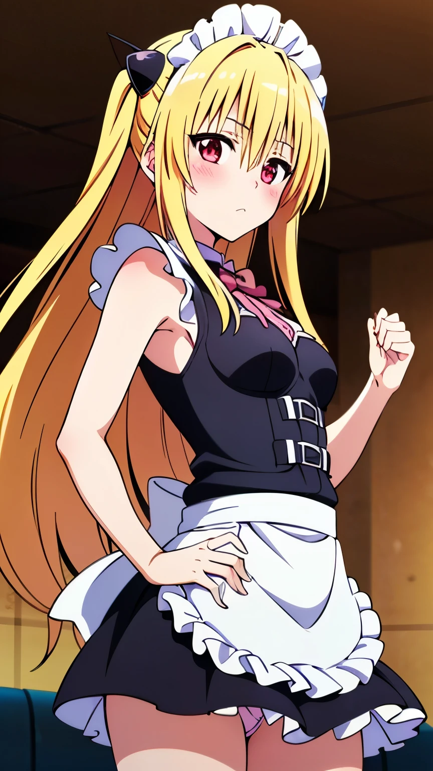 (anime:1.2),(1girl),(alone), konjiki no yami, (alone), long hair, blonde hair, (hairpins:1.2), red eyes, very long hair, hair shots, solo, (expressionless, calm:1.5), (pink maid outfit, frills, sleeveless, miniskirt, blushing, restaurant, maid cafe:1.2), (Small medium breast:1.2), narrow waist, round butt, hair between eyes, blush, hair ornament, two sides up, bangs, cowboy shot, dynamic stance, ultra detailed, detailed eyes, sharp focus, masterpiece, standing, perfect hands, perfect anatomy, floating hair, to love- ru, looking forward, perfect anatomy,perfect hands, (looking at viewer), dutch angle