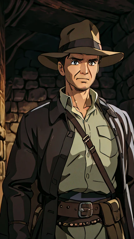 (a man as Indiana Jones), (extremely detailed CG unit 8k wallpaper),(master part), (best quality), (ultra detail), (best illustration),(ghibli style), cowboy shot,(Sharp eyeliner, ombre, detailed eyes:1),Dark Medieval Dungeon interiors background,break,upper body,short hair,black hair