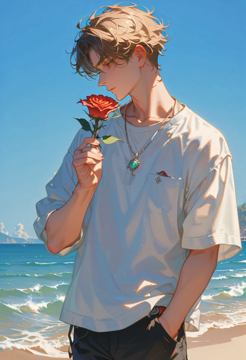 Style 9,1 boy,sea,Sunlight,whole body,holding a rose in hand,profile,casual wear,Vision