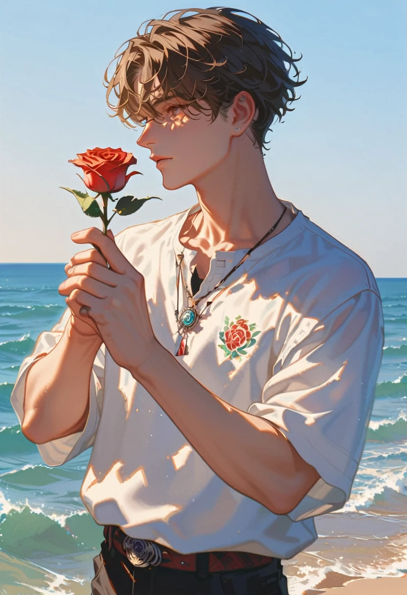 Style 9，1 boy，sea，Sunlight，whole body，holding a rose in hand，profile，casual wear，Vision