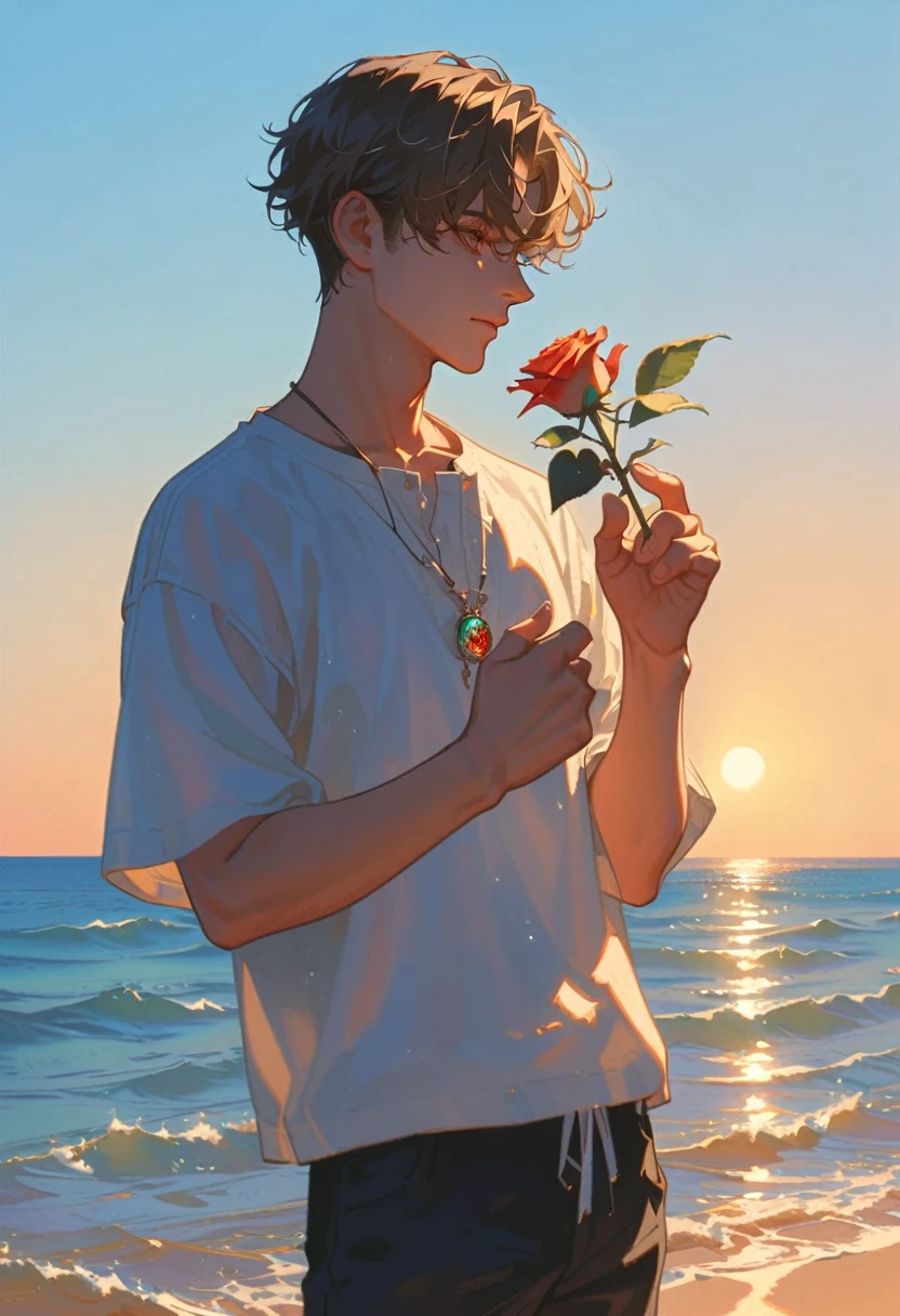 Style 9,1 boy,sea,Sunlight,whole body,holding a rose in hand,profile,casual wear,Vision