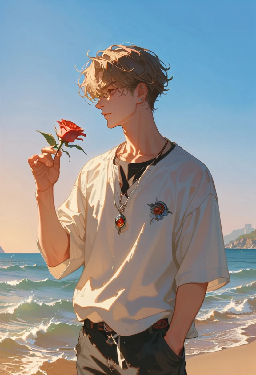 Style 9,1 boy,sea,Sunlight,whole body,holding a rose in hand,profile,casual wear,Vision