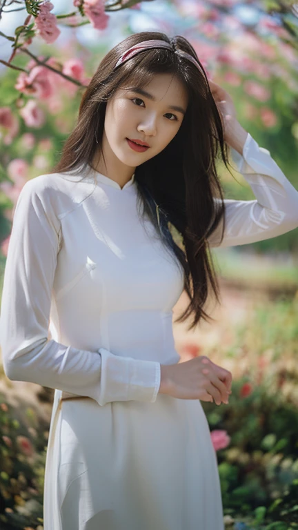 a close up of a woman in a white dress posing for a picture, a picture by Leng Mei, trending on cg society, beautiful south korean woman, ao dai, beautiful asian girl, a beautiful woman in white, korean woman, korean girl, in white clothes, beautiful young korean woman, beautiful asian woman, smooth white tight clothes suit, realism, high detail, masterpiece, accurate, textured skin, super detail, high details, award winning, best quality, 4K, ((pink flower blossom background))