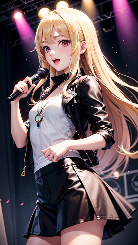 Blonde long hair high school girl、Red eyes、live、Stage Costumes、Jacket、karaoke、Dance with excitement