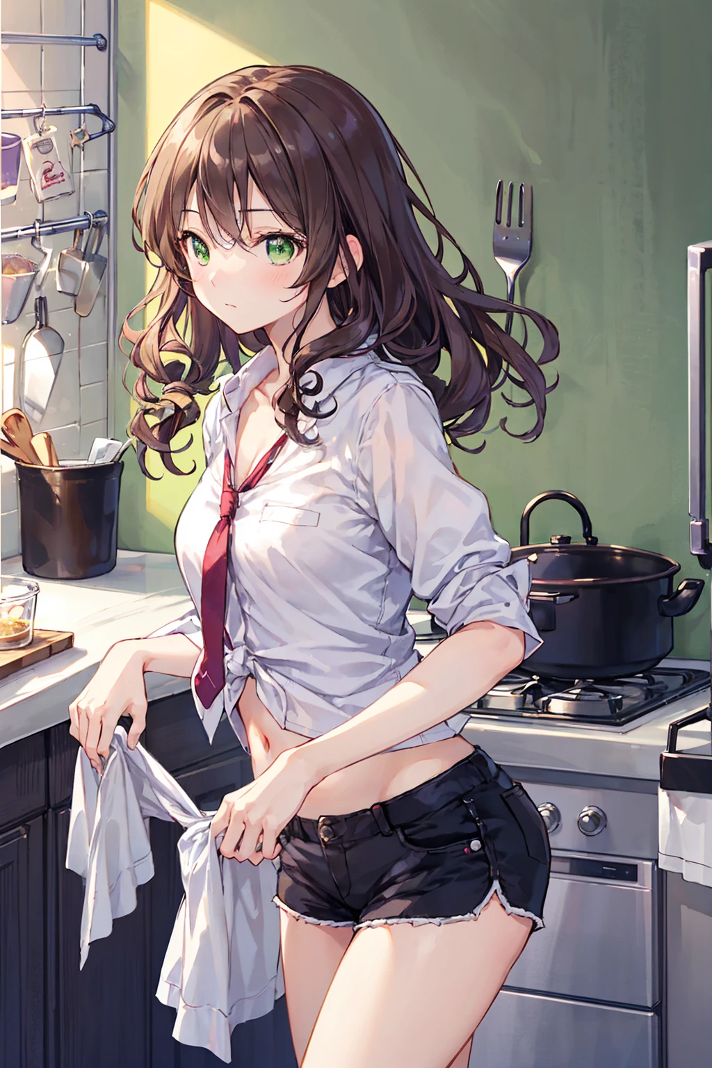 nozomitoujou, Nozomi-san always, Green Eyes, Brown Hair, Curly Hair, chest, masterpiece, Highest quality, High resolution, Beautiful attention to detail, Highly detailed face, Good lighting, Detailed CG, Messy Hair, From the side, tie shirt, abdomen, Short shorts, kitchen, housework