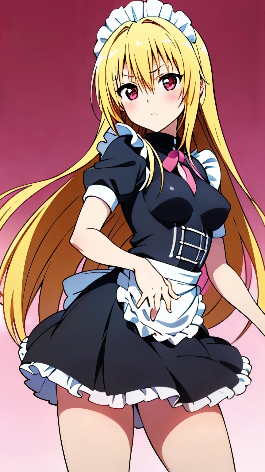(anime:1.2),(1girl),(alone), konjiki no yami, (alone), long hair, blonde hair, (hairpins:1.2), red eyes, very long hair, hair shots, solo, (expressionless, calm:1.5), (pink maid outfit, frills, short sleeve, miniskirt, blushing, restaurant, maid cafe:1.2), (Small medium breast:1.2), narrow waist, round butt, hair between eyes, blush, hair ornament, two sides up, bangs, cowboy shot, dynamic stance, ultra detailed, detailed eyes, sharp focus, masterpiece, standing, perfect hands, perfect anatomy, floating hair, to love- ru, looking forward, perfect anatomy,perfect hands, (looking at viewer), dutch angle