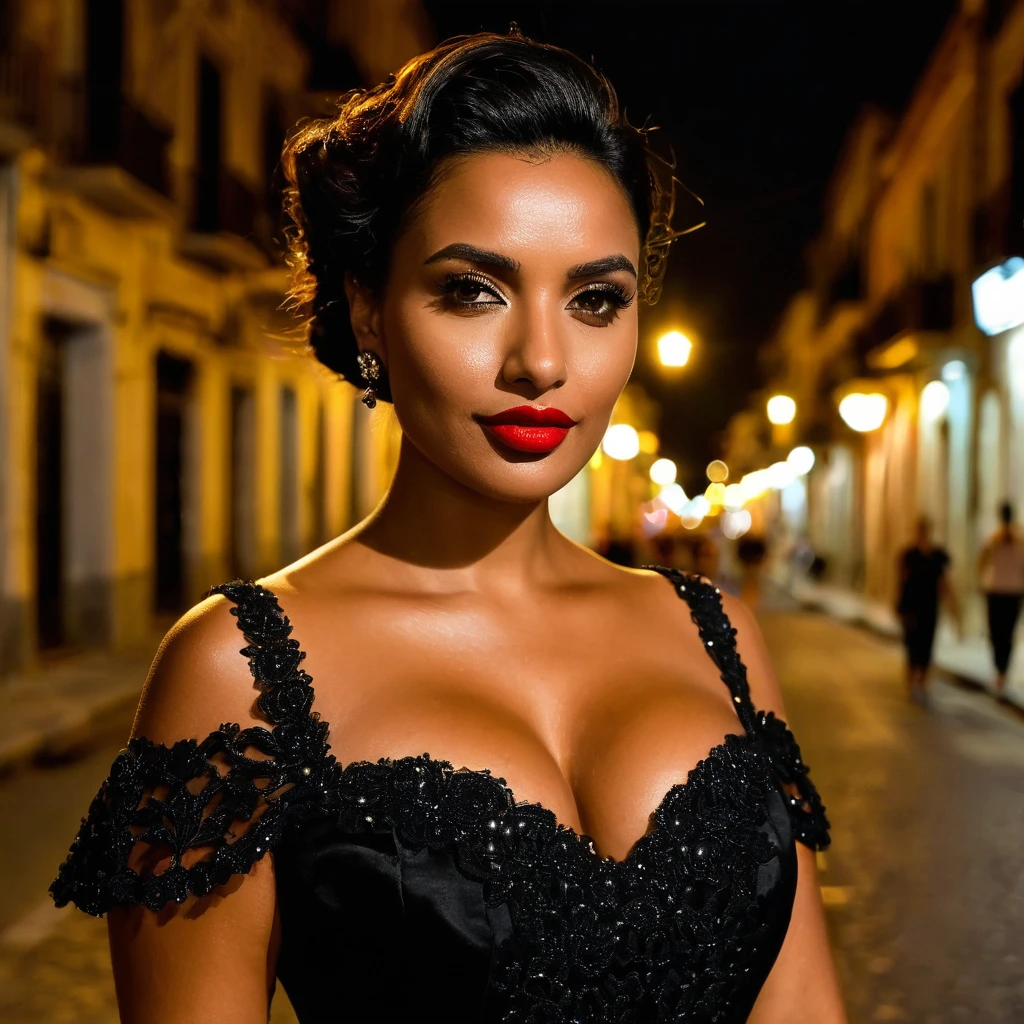 une fille cubaine, visage identique au modèle précédent, dans une robe noire, marchant dans les rues de La Havane la nuit, avec un décolleté qui met en valeur les poids, et il se caresse le cou portrait