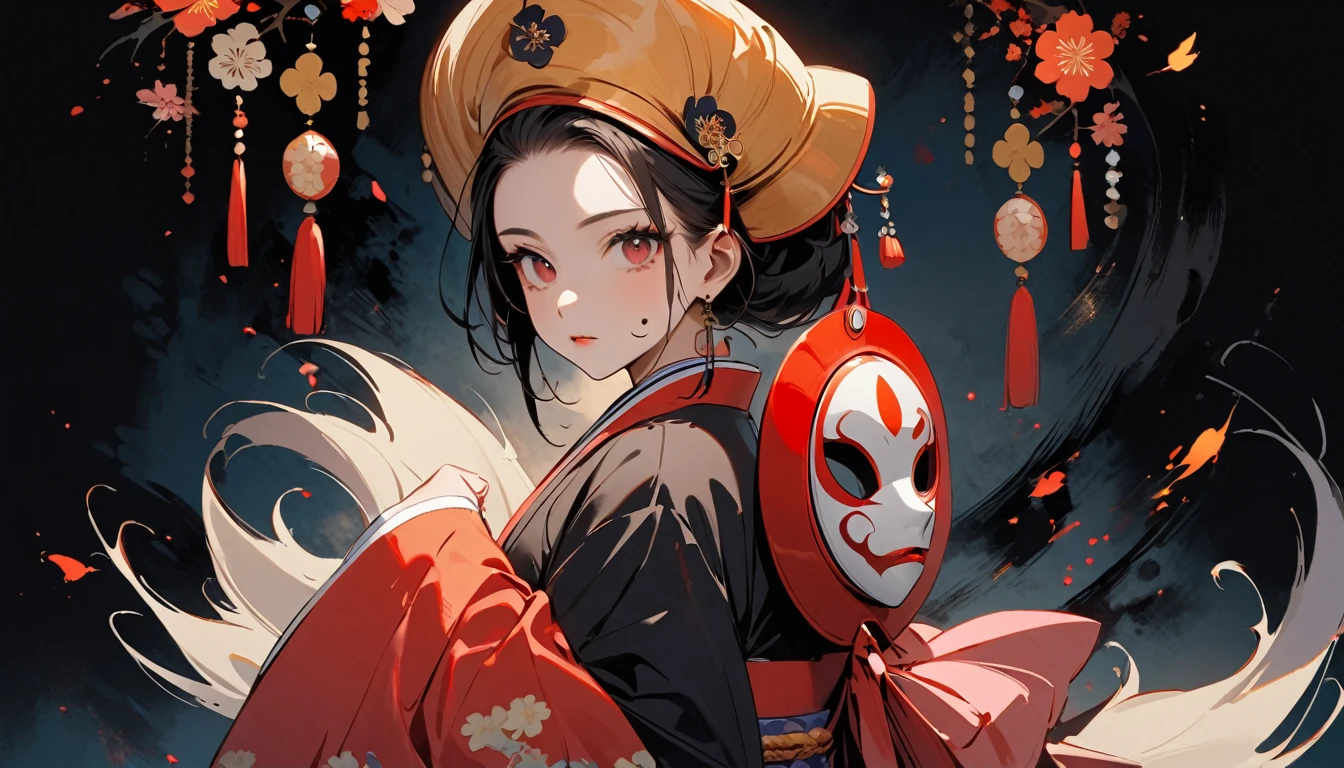 (((Ink Painting))), (((wearing Yaokai mask on face))), (((Kitsune))), (((1 girl))), (((Japanese style headphones))), (((Flashy kimono))), (((Oiran))), Delicate and precise, Modern ukiyo-e style,Japan, Japanese flag, vivid color