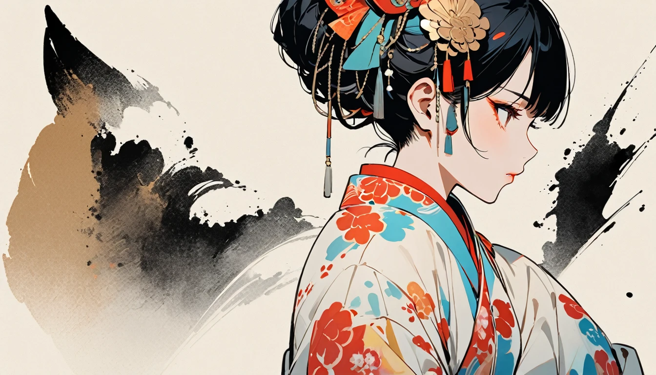 (((Ink Painting))), (((wearing Yaokai mask on face))), (((Kitsune))), (((1 girl))), (((Japanese style headphones))), (((Flashy kimono))), (((Oiran))), Delicate and precise, Modern ukiyo-e style,Japan, Japanese flag, vivid color