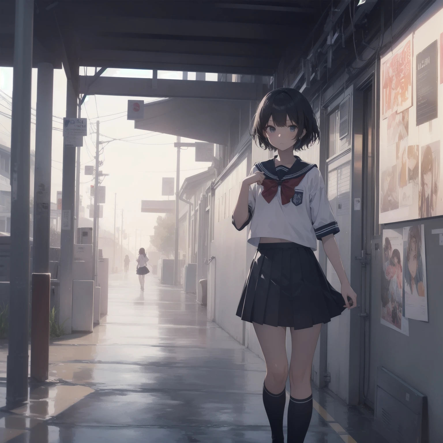 ultra-absurdres-Top quality by artist God, ultra-detailed, high resolution, anime moe artstyle, best anime 8k konachan wallpaper, pixiv contest winner, pool:2810, perfect anatomy,break, 1girl, (Please draw a girl walking sleepily to school alone. )break,(Solo,little female, 13-year-old:1.3),Full limbs, complete fingers,a junior high school student, (very short hair), short cut, flat chest, , small butt, small black eyes, beautiful detailed eyes, well-proportioned iris and pupils, expressive eyes, highres detailed hair, soft expression, salor school_uniform, sailor collar, serahuku, bow, pleated skirt,(Detailed Lighting), (Detailed background), in the School commute route. break,super detailed skin, Best cinematic lighting powered by famous artist, 8k,beauty illustration,photoshop_(medium),very aesthetic,break,((artist:fujima_takuya )), artist:clamp ,artist:carnelian ,artist:kantoku ,
