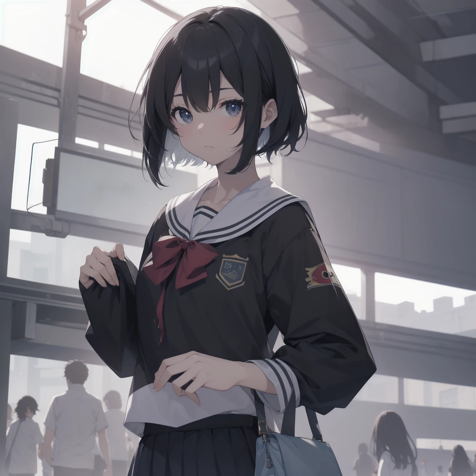 ultra-absurdres-Top quality by artist God, ultra-detailed, high resolution, anime moe artstyle, best anime 8k konachan wallpaper, pixiv contest winner, pool:2810, perfect anatomy,break, 1girl, (Please draw a girl walking sleepily to school alone. )break,(Solo,little female, 13-year-old:1.3),Full limbs, complete fingers,a junior high school student, (very short hair), short cut, flat chest, , small butt, small black eyes, beautiful detailed eyes, well-proportioned iris and pupils, expressive eyes, highres detailed hair, soft expression, salor school_uniform, sailor collar, serahuku, bow, pleated skirt,(Detailed Lighting), (Detailed background), in the School commute route. break,super detailed skin, Best cinematic lighting powered by famous artist, 8k,beauty illustration,photoshop_(medium),very aesthetic,break,((artist:fujima_takuya )), artist:clamp ,artist:carnelian ,artist:kantoku ,
