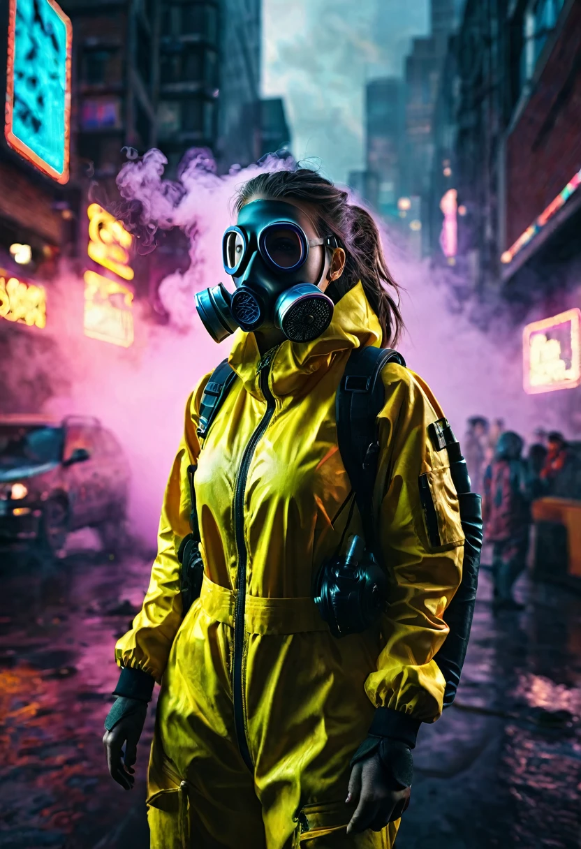 girl in hazmat suit, detailed face, full gas mask, smoke in background, smoke grenade, detailed cyberpunk cityscape, neon lights, dark moody atmosphere, cinematic lighting, dramatic lighting, moody colors, muted colors, photorealistic, (best quality,4k,8k,highres,masterpiece:1.2),ultra-detailed,(realistic,photorealistic,photo-realistic:1.37),HDR,studio lighting,physically-based rendering,extreme detail description,professional,vivid colors,bokeh