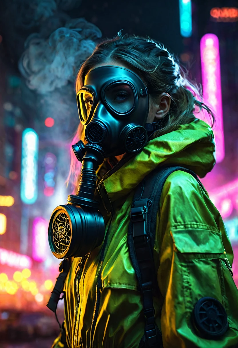 girl in hazmat suit, detailed face, full gas mask, smoke in background, smoke grenade, detailed cyberpunk cityscape, neon lights, dark moody atmosphere, cinematic lighting, dramatic lighting, moody colors, muted colors, photorealistic, (best quality,4k,8k,highres,masterpiece:1.2),ultra-detailed,(realistic,photorealistic,photo-realistic:1.37),HDR,studio lighting,physically-based rendering,extreme detail description,professional,vivid colors,bokeh