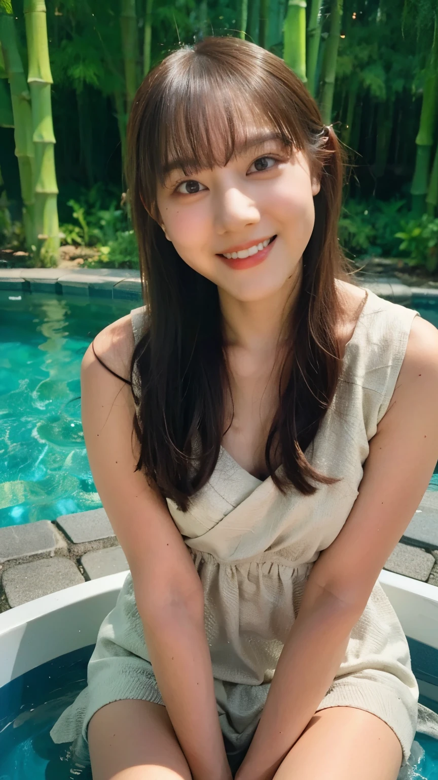 (8k、RAW Photos、Highest quality、masterpiece:1.2)、((night、moonlight:1.5))、((Flat Chest、Nippleake your face bigger:1.3))、(Realistic、Realistic)、1 girl、(smile、Open-air bath、bamboo forest))、cute