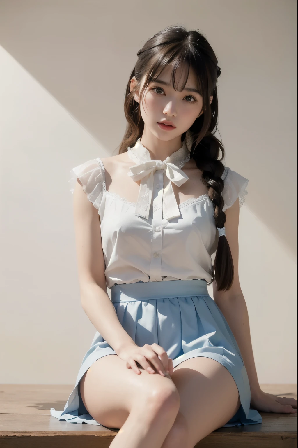 (masterpiece), (最high quality), (Very detailed), (Best Shadow), (photoRealistic:1.4), Frilled blouse, skirt, white ankle socks, (((((A long shot of a woman walking slowly))))), White floral dress, (Bright interior), (Soft Light), (Low contrast), (Shallow depth of field), (portrait of a beautiful woman illuminated by gentle light), (Very delicate and elegant depiction), (Short bangs), (Hair color is dark chestnut with a slight brown tinge), (Hair with subtle and gentle waves), (Small, intricate braids on the side of long hair), (Decorated with thin ribbons), ( White blouse with small frills), (bow tie), (青いロングskirt), (White short ankle socks), Cinema Lighting, One Girl, 16 years old, high quality, masterpiece, Very detailed, High resolution, 4K, 超High resolution, Detailed Shadows, Ultra-realistic, Dramatic lighting, One Girl, alone, Detailed face, Realistic eyes, Realistic Skin, Dynamic Hair, Dynamic pose, Dynamic Angle, White floral dress, White Background, Urzan-6500-v1.1, (RAW Photos:1.2), ( Realistic:1.4), Beautiful detailed girl, very detailed eyes and face, Beautiful attention to detail, Ridiculous, incredibly Ridiculous, Large file size, Very detailed, 