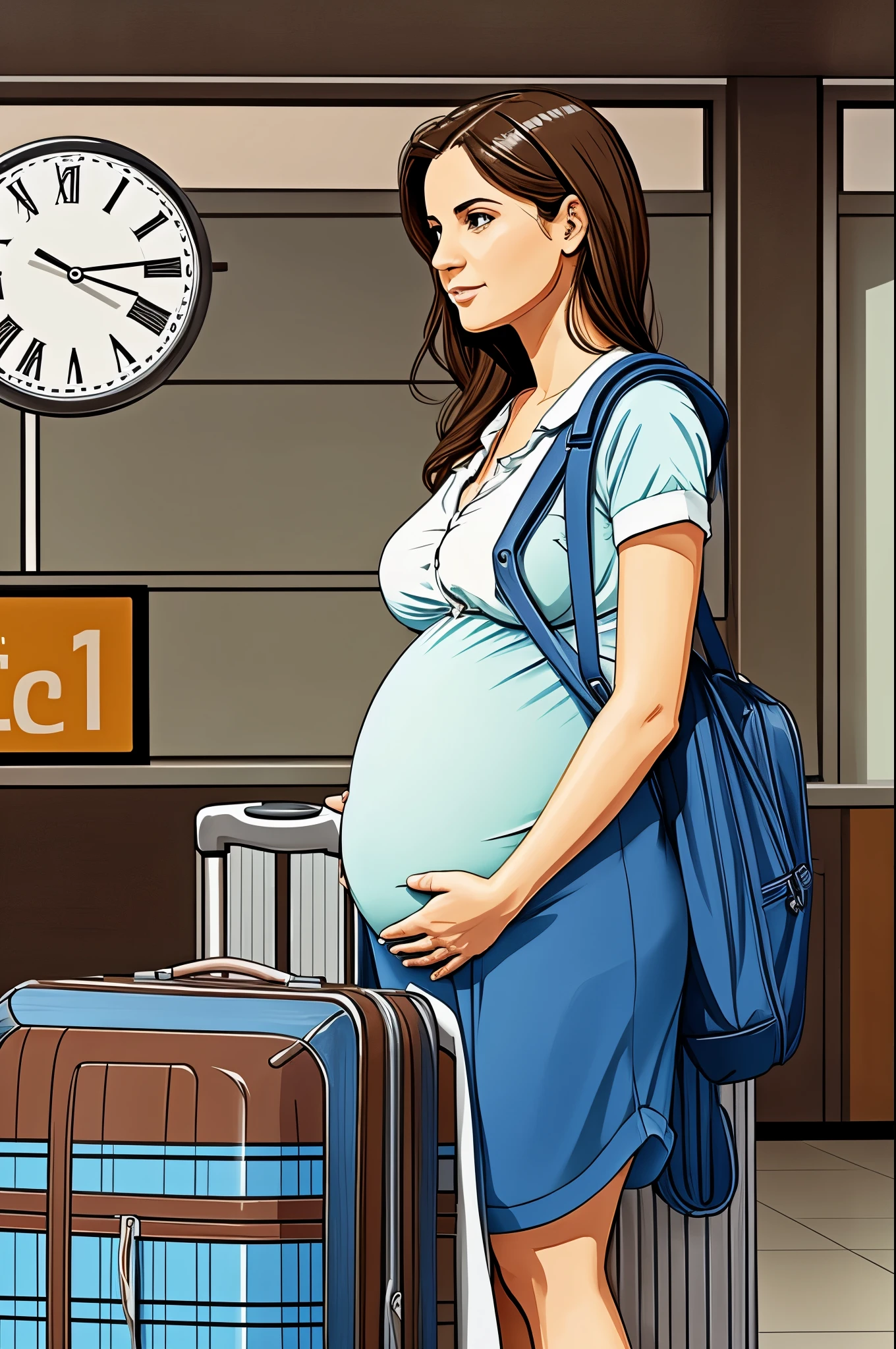 A pregnant woman waiting at the airport with a suitcase, and a clock on the wall, sketch style