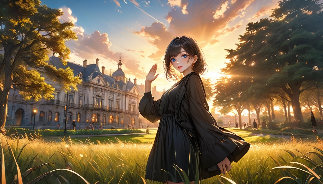 A young girl waving her hand, standing in a park during sunset, extremely far away shot, anime style, beautiful detailed eyes, beautiful detailed lips, extremely detailed face, long eyelashes, vibrant colors, golden hour lighting, atmospheric lighting, detailed clouds, detailed foliage, detailed grass, detailed buildings in the background, (best quality,4k,8k,highres,masterpiece:1.2),ultra-detailed,(realistic,photorealistic,photo-realistic:1.37)