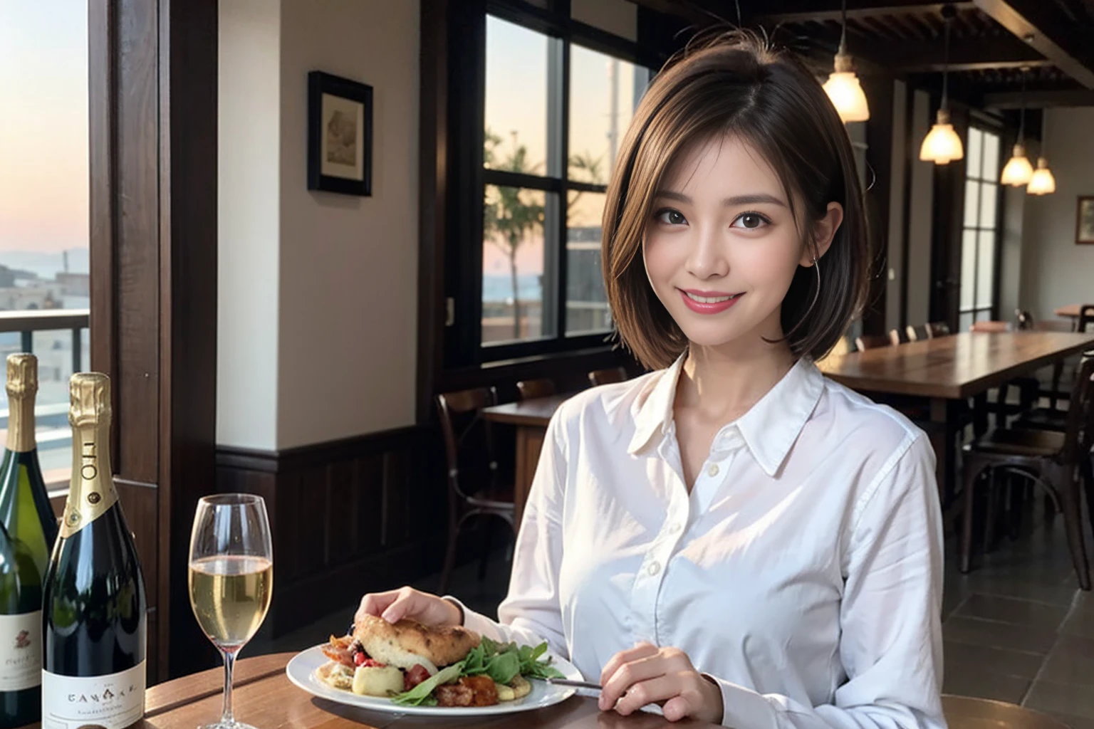 (Realistic:1.1),(masterpiece,Highest quality),8k,(49 years old), 53 years old, ベリーslimボディ、slimカップル、Tight waist,Upper Body,full-course dinner、wine 、Amazing view of the sunset sky and clouds、Perfect Anatomy, Brown Hair, short hair,Random Hairstyles,((Highly detailed face and eyes:1.2)),Perfect golden ratio face,Long sleeve shirt、dress,(smile:1.2)、Shortcuts、cute、(Realistic, Intricate details:1.2), A bright smile、short hair,Bright Face、赤wine 、Appetizers、Italian food、wine bottle、Champagne、スパークリングwine、(slimな顔), (The body is slim), (Brown Hair), (Shortcuts), Upper Body, 白wine, slim, wineグラス,