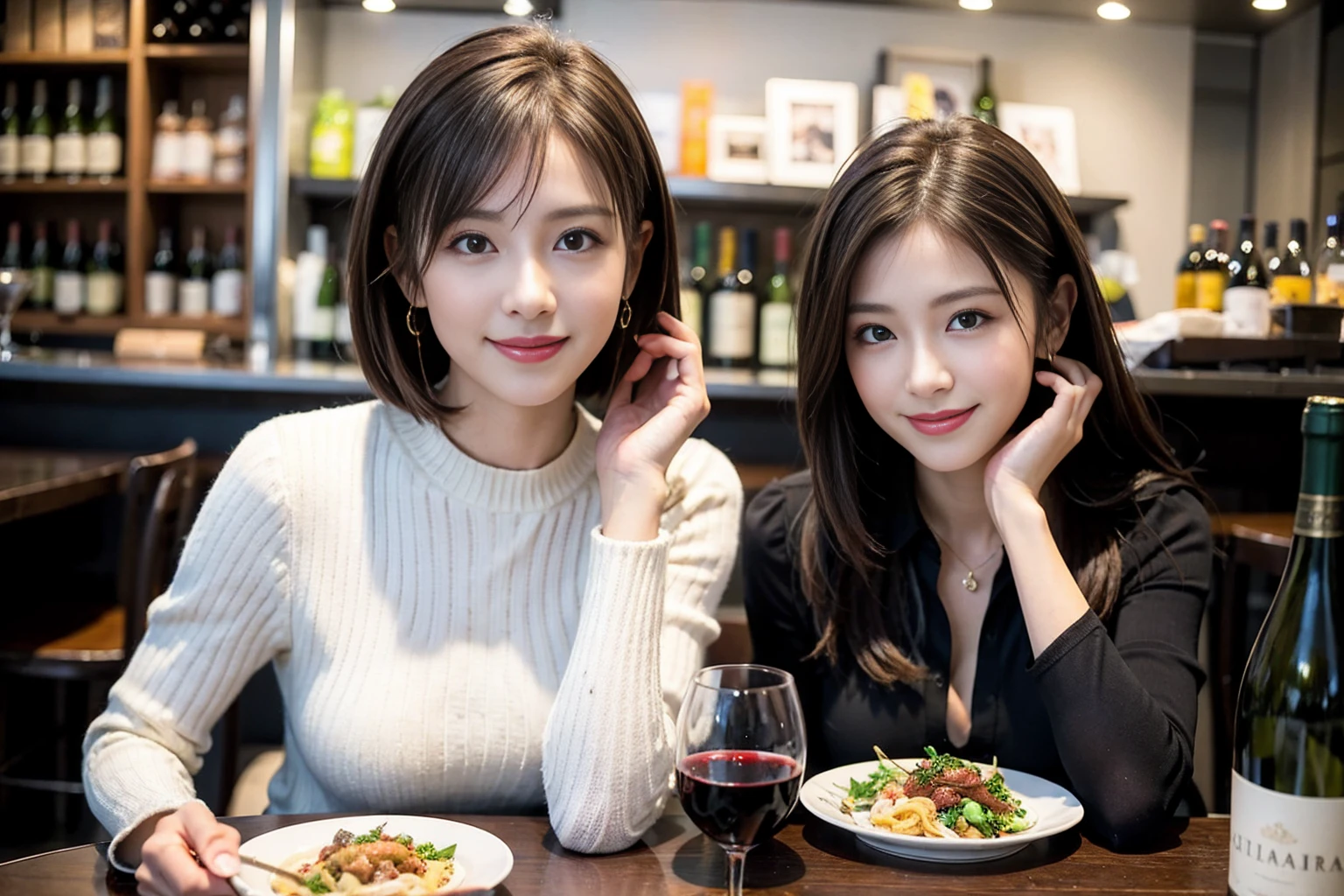 (Realistic:1.1),(masterpiece,Highest quality),8k,(49 years old), 53 years old, ベリーslimボディ、slimカップル、Tight waist,Upper Body,full-course dinner、wine 、Amazing view of the sunset sky and clouds、Perfect Anatomy, Brown Hair, short hair,Random Hairstyles,((Highly detailed face and eyes:1.2)),Perfect golden ratio face,Long sleeve shirt、dress,(smile:1.2)、Shortcuts、cute、(Realistic, Intricate details:1.2), A bright smile、short hair,Bright Face、赤wine 、Appetizers、Italian food、wine bottle、Champagne、スパークリングwine、(slimな顔), (The body is slim), (Brown Hair), (Shortcuts), Upper Body, 白wine, slim, wineグラス,