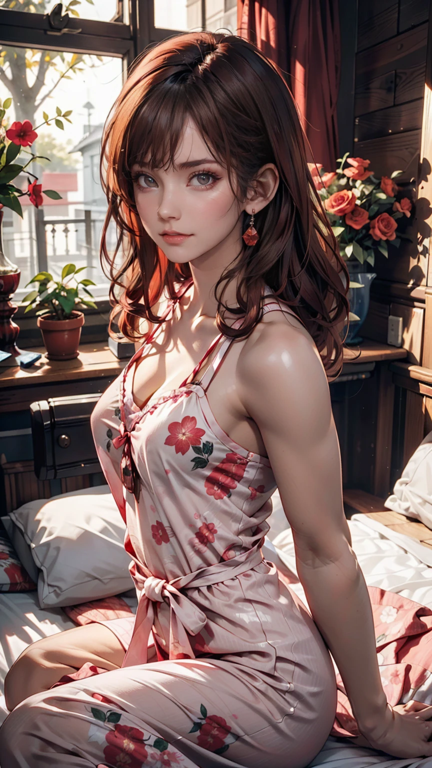 A woman in pink floral pajamas is sitting on her bed, Redheadの少女, beautiful Redheadの女性, Redheadの女性, young Redheadの少女, Short bright red hair, Red hair and attractive features, Anna Nikonova、Also known as New Milky, Redheadの少女, Redhead, Beautiful woman, Posing in bed, Redhead, Short Red Hair, Posing in the room、Sexy proportions、Sexy、Narrow waist