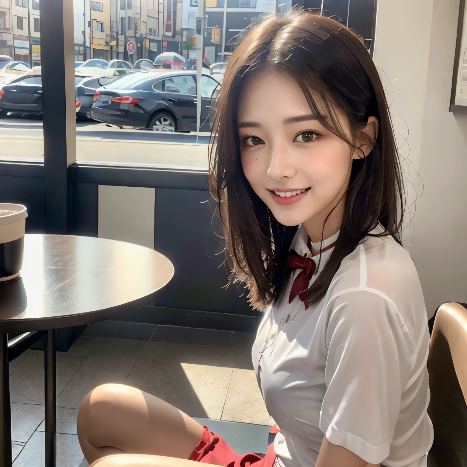 masterpiece, Upper Body Shot, Front view, One woman per photo, Young and beautiful Japan woman, Very cute face, 18-year-old, Smiling while sitting on a chair in a coffee shop, Coffee on the table, Gorgeous appearance, wearing something shiny, White silk short sleeve shirt with collar、He is wearing a shiny satin plain red bow tie.。, She is wearing a navy long pleated skirt..., Glossy Lips, Sweaty body, Double eyelids on both eyes, Natural Makeup, Long eyelashes, Shiny and smooth light brown medium length hair, Asymmetrical bangs, Sunburned skin, Center image, 8k resolution, Attention to detail, Detailed hairstyle, Detailed face, Great cinema lighting, Octane Rendering, Vibrant, Ultra-realistic, Perfect limbs, Perfect Anatomy