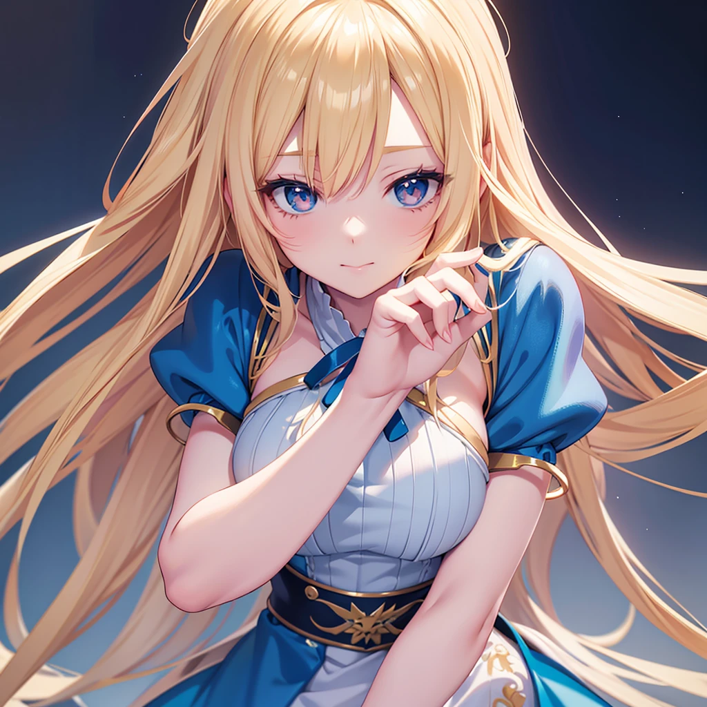 Blonde woman with long hair and a blue dress posing for a photo, Realistic anime art style, Photorealistic Anime Girl Rendering, Smooth anime CG art, Anime realism style, Realistic art style, Realistic young anime girl, Amazing digital painting, Realistic anime 3D style, Beautiful anime portraits, Realistic anime art style, Close-up character portraits, Realistic 3D animation, Anime style portrait