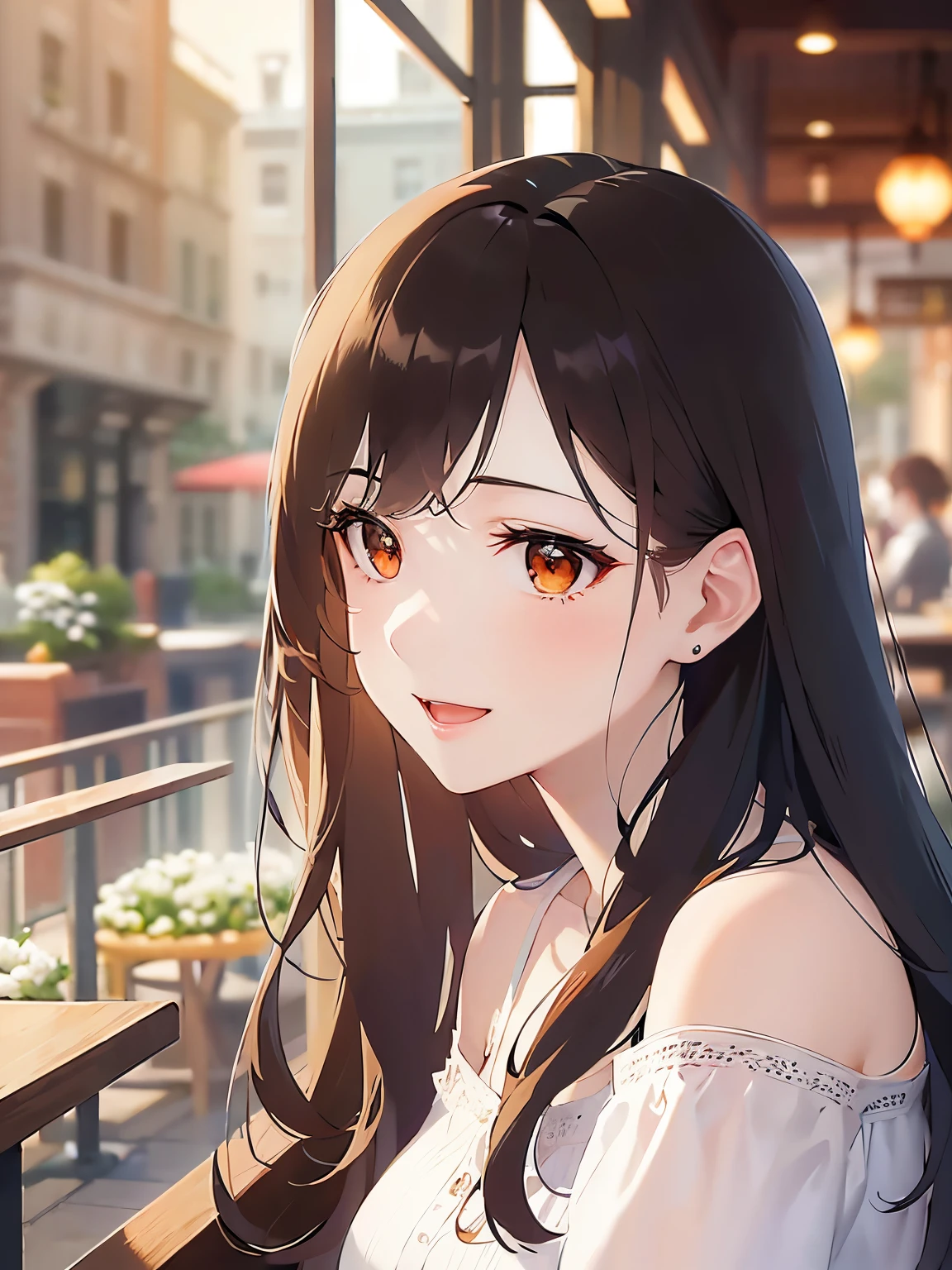 Close-up of your face、side angle, (looking away:1.5), (pale skin: 1.2), shiny skin, shiny hair、(A 25-year-old woman with medium-length hair and bangs) and (wavy hair) and (brown hair) and (orange eyes) , (white) and (off shoulder blouse) 、(smile:1.2), open mouth, The background is the interior of a cafe、Alone、Are standing