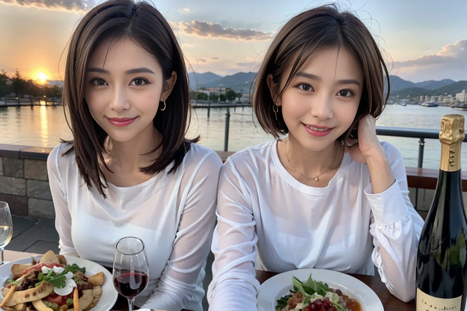(Realistic:1.1),(masterpiece,Highest quality),8k,(49 years old), 53 years old, ベリーslimボディ、slimカップル、Tight waist,Upper Body,full-course dinner、wine 、Amazing view of the sunset sky and clouds、Perfect Anatomy, Brown Hair, short hair,Random Hairstyles,((Highly detailed face and eyes:1.2)),Perfect golden ratio face,Long sleeve shirt、dress,(smile:1.2)、Shortcuts、cute、(Realistic, Intricate details:1.2), A bright smile、short hair,Bright Face、赤wine 、Appetizers、Italian food、wine bottle、Champagne、スパークリングwine、(slimな顔), (The body is slim), (Brown Hair), (Shortcuts), Upper Body, 白wine, slim, wineグラス,