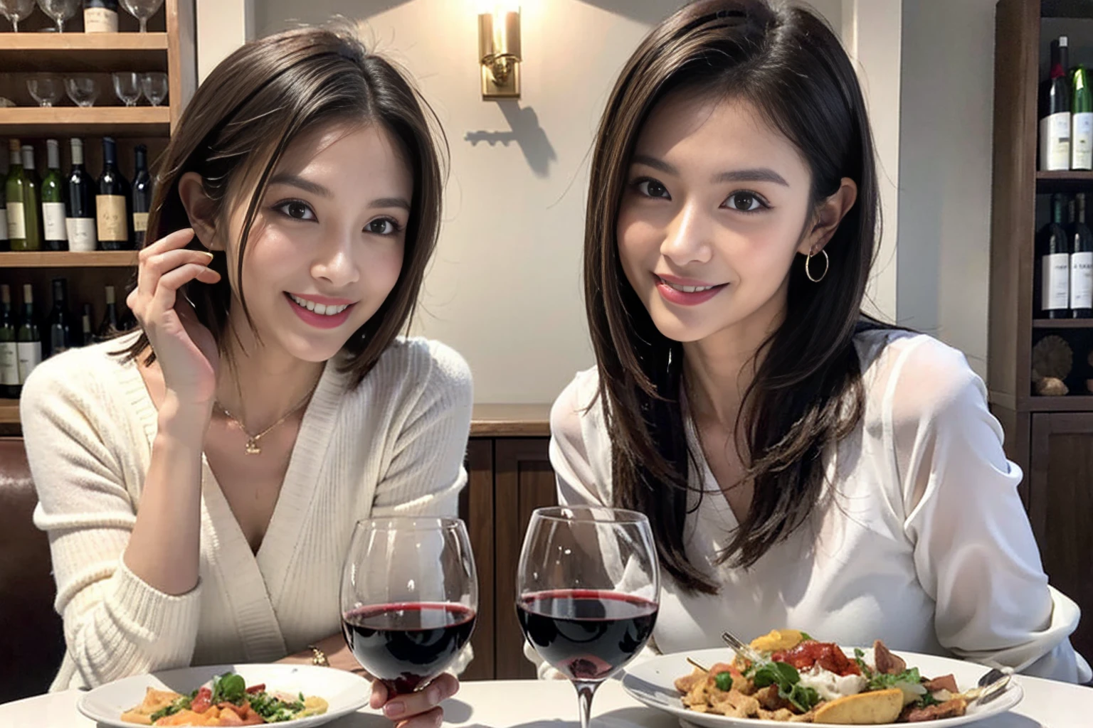 (Realistic:1.1),(masterpiece,Highest quality),8k,(49 years old), 53 years old, ベリーslimボディ、slimカップル、Tight waist,Upper Body,full-course dinner、wine 、Amazing view of the sunset sky and clouds、Perfect Anatomy, Brown Hair, short hair,Random Hairstyles,((Highly detailed face and eyes:1.2)),Perfect golden ratio face,Long sleeve shirt、dress,(smile:1.2)、Shortcuts、cute、(Realistic, Intricate details:1.2), A bright smile、short hair,Bright Face、赤wine 、Appetizers、Italian food、wine bottle、Champagne、スパークリングwine、(slimな顔), (The body is slim), (Brown Hair), (Shortcuts), Upper Body, 白wine, slim, wineグラス,