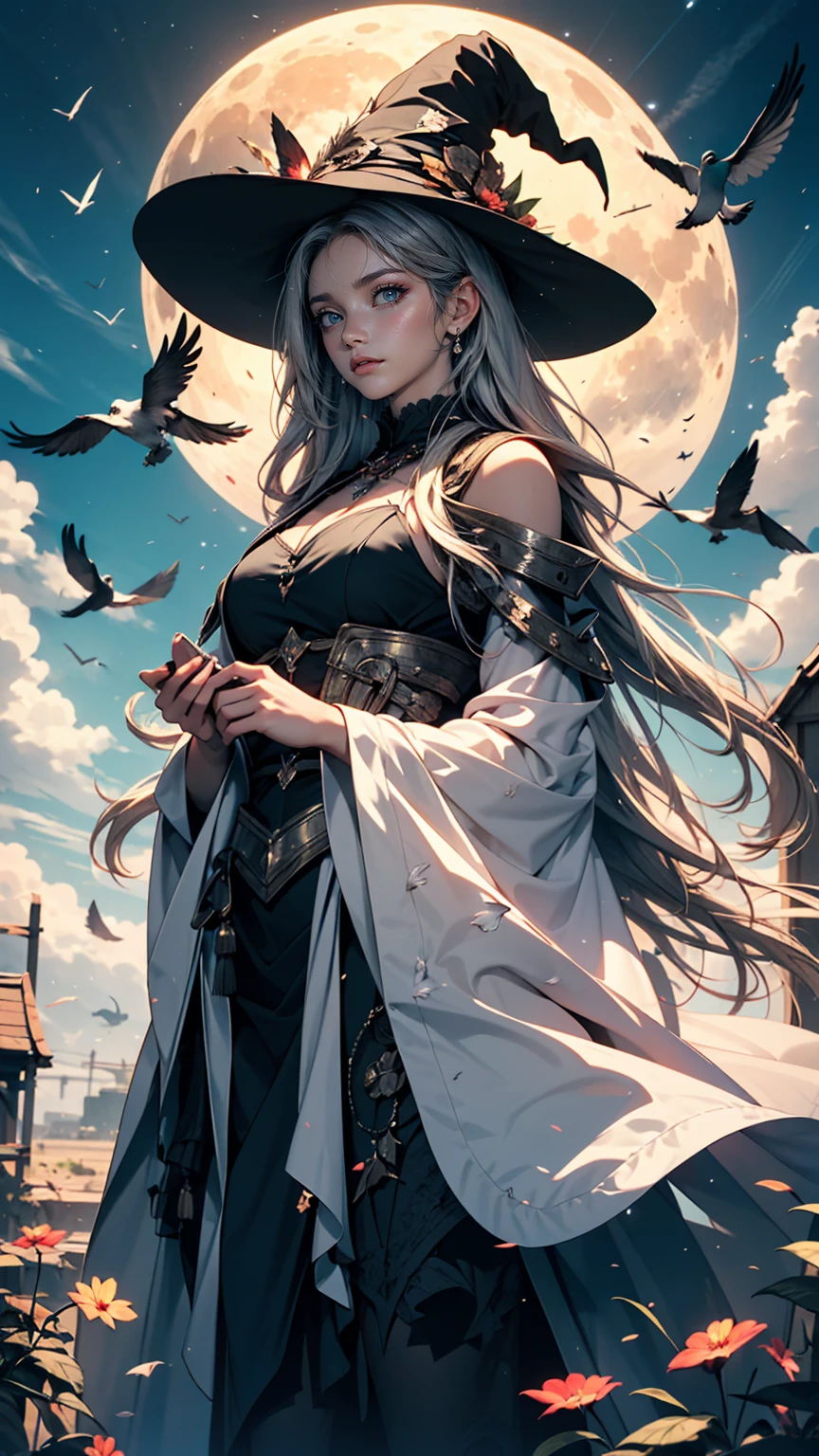 highest quality, Very detailed, masterpiece, Super detailed, cloud, witch_Have, Have, One girl, null, green_null,Day, length_hair, cloudy_null, moon,bird, alone, Silver_hair, witch, Outdoor