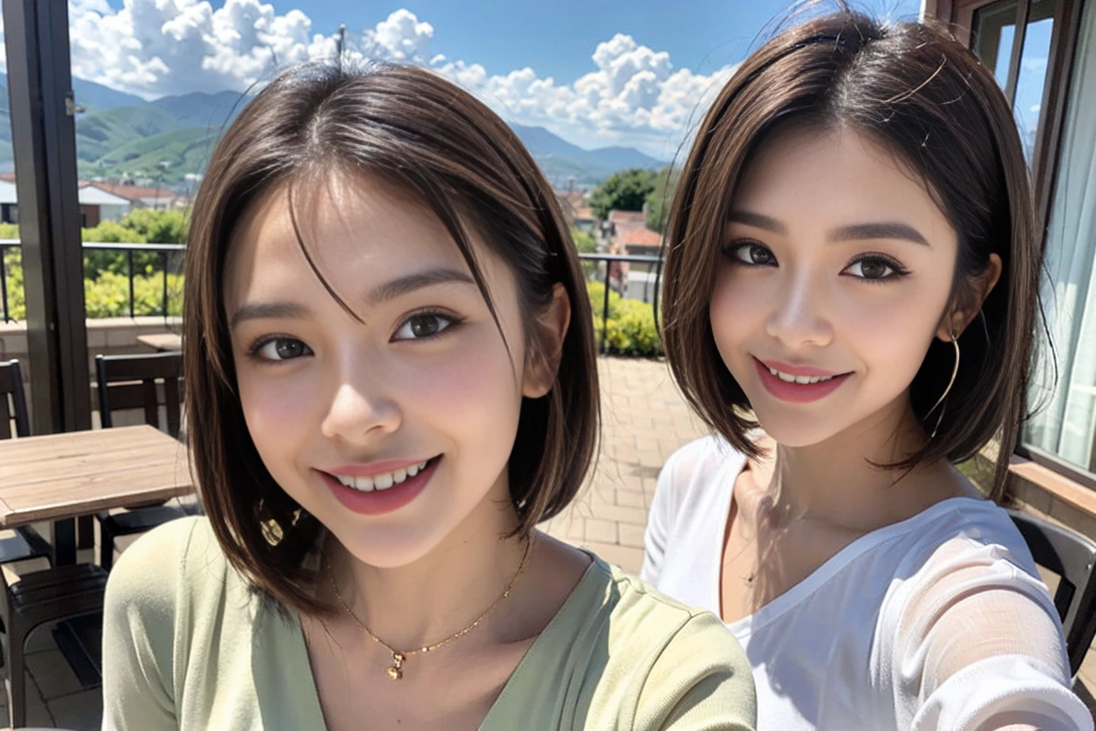 （Realistic:1.1）,(masterpiece,Highest quality)，8k,(49 years old), 53 years old, ベリーslimボディ、slimカップル、Tight waist,Upper Body,full-course dinner、wine 、Amazing view of the sunset sky and clouds、Perfect Anatomy, Brown Hair, short hair,Random Hairstyles,((Highly detailed face and eyes:1.2))，Perfect golden ratio face，Long sleeve shirt、dress,(smile:1.2)、Shortcuts、cute、(Realistic, Intricate details:1.2), A bright smile、short hair,Bright Face、赤wine 、Appetizers、Italian food、wine bottle、Champagne、スパークリングwine、(slimな顔), (The body is slim), (Brown Hair), (Shortcuts),  Upper Body, 白wine, slim, wineグラス, 