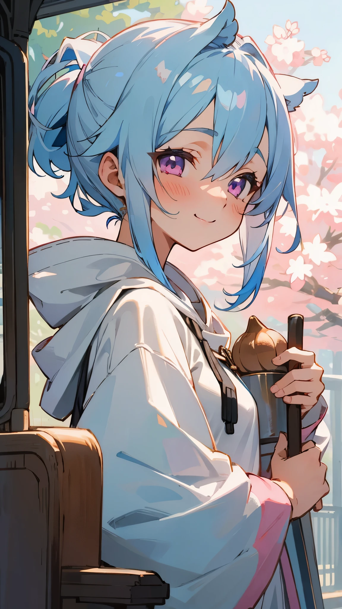 1 girl、Anime style painting、Light blue hair、Pink Eyes、smile、blush、Small breasts、From the side、Lots of acorns、smile、Upper body close-up、From the side、Wearing a white hoodie、Railway station background