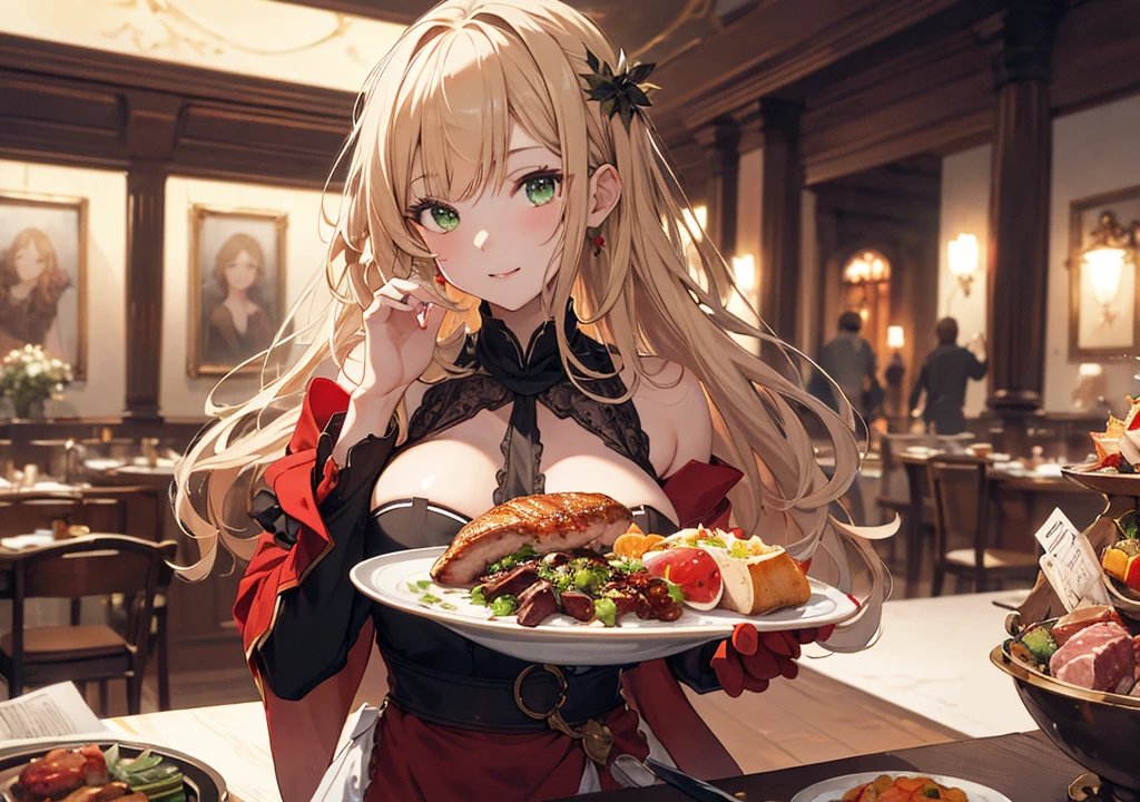 Realistic photos, Focus distance 10mm, Red and white, Beautiful girl, Realistic photos, Shooting at Focus distance 10mm, masterpiece, 最high quality, high quality, Very detailed CG 8k wallpaper unit, Award-winning photography, Depth of written boundary, High resolution, bloom, chromatic aberration, Realistic, Very detailed, Art Station Trends, CGsociety Trends, Complex, High detail, dramatic, Art on the go, volumetric lighting, Meat Course A beautiful girl in a gorgeous dress is seen enjoying a sumptuous meat dish. The background is the interior of a luxurious French restaurant. The girl has long, wavy blonde hair and deep green eyes