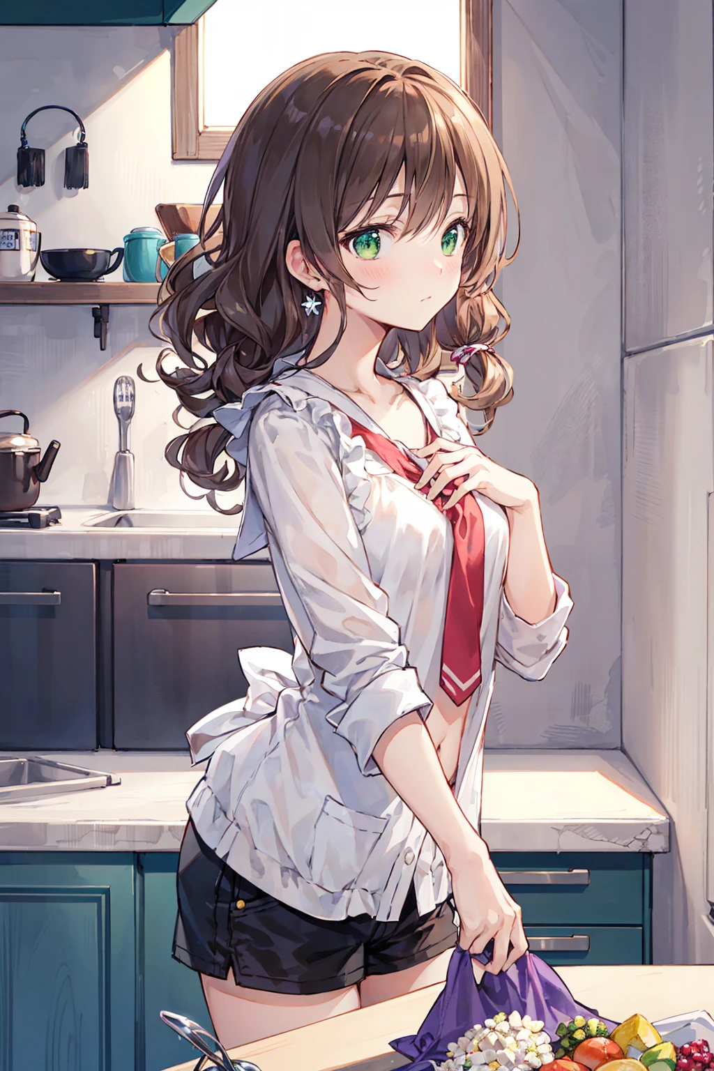 nozomitoujou, Nozomi-san always, Green Eyes, Brown Hair, Curly Hair, chest, masterpiece, Highest quality, High resolution, Beautiful attention to detail, Highly detailed face, Good lighting, Detailed CG, Messy Hair, From the side, tie shirt, abdomen, Short shorts, kitchen, housework，Small breasts，平たいchest，