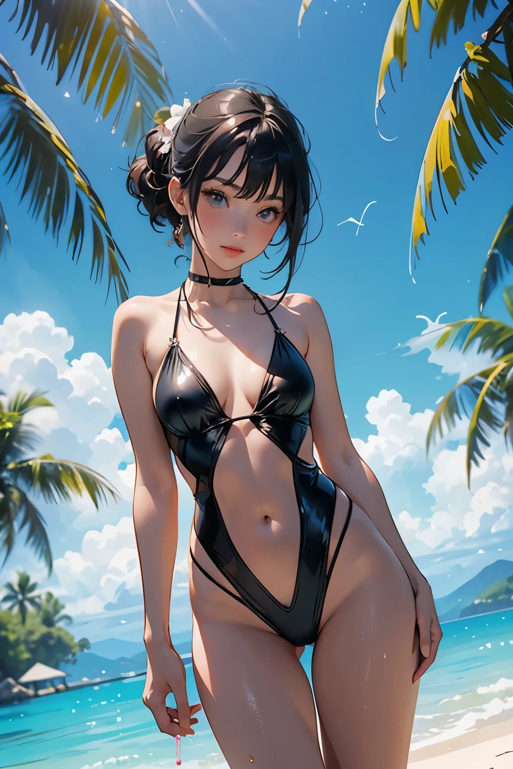 1 female、 alone、(18-year-old female)、(A girlfriend in a sexy swimsuit holds out a tropical drink in one hand and offers it to the viewer.:1.2)、(Small cleavage is sexy)、 BREAK(Low angle shot)、 (From below)、(Dutch Angle)、BREAK(Facing directly at the viewer:1.2)、Cute face、Cute eye drawing、Shortcuts、Black Hair、Healthy body shape、Moisturized Skin、