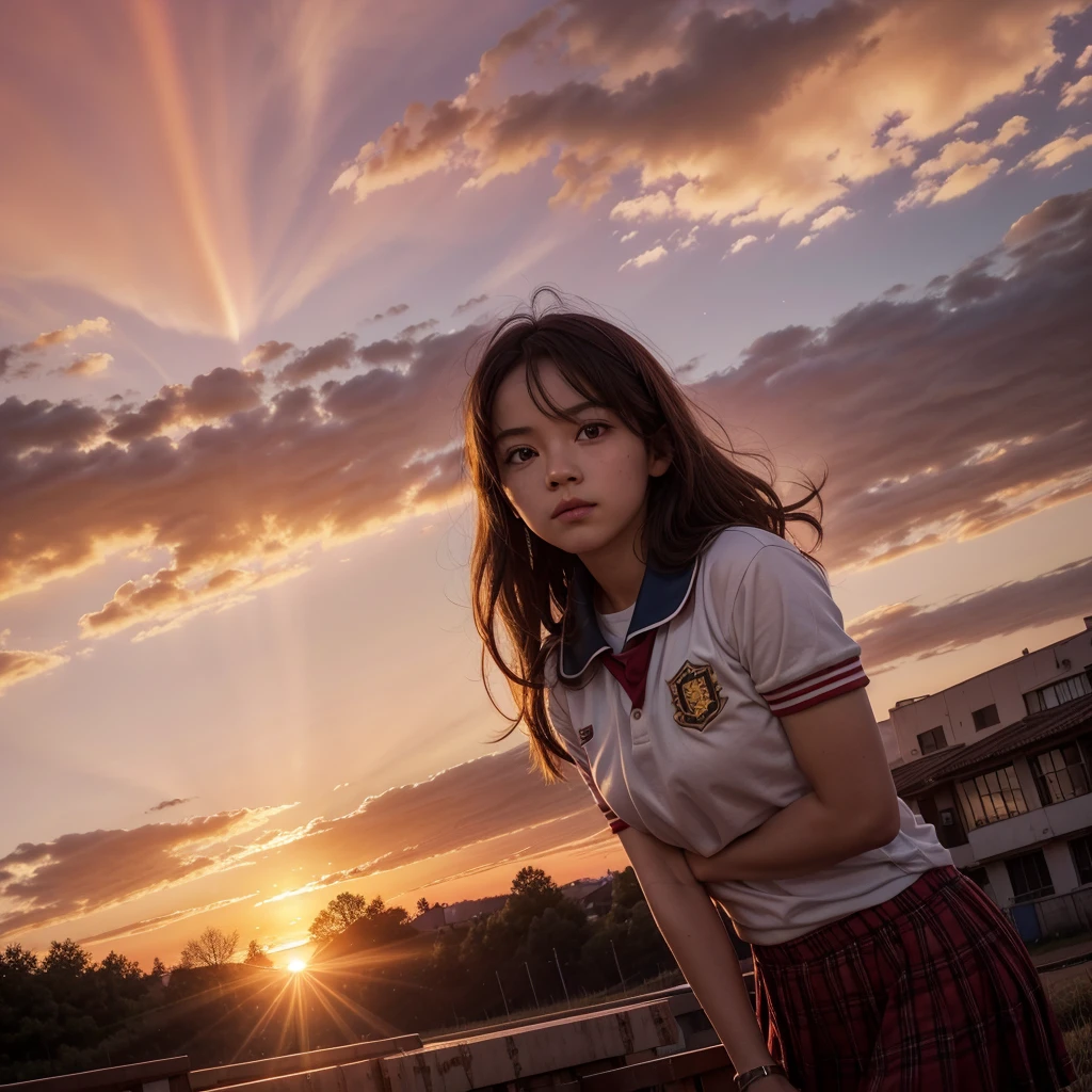 Red sky with sun flare and name ILUMIINATY SCHOOL in the sky 