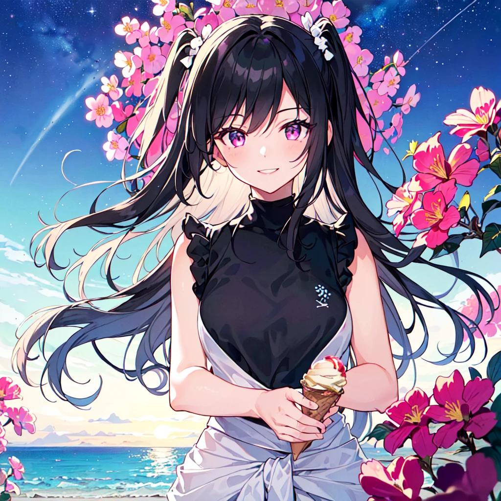 masterpiece, best quality, high quality, extremely detailed, very delicate and beautiful, (1 female 18 years old alone solo:1.5), (long black hair up to waist with two side up:1.5), bangs to eyebrows, eyes (eyes: 1.3), (eye color magenta: 1.3), 6.5 head height, (summer fashion with summer flower print: 1.3), knee socks, lace, frills, (holding ice cream: 1.3), (standing), (dynamic pose), (smiling), (background: seaside: 1.3), ,(Milky Way Night Sky:1.3), (upper body:1.3)