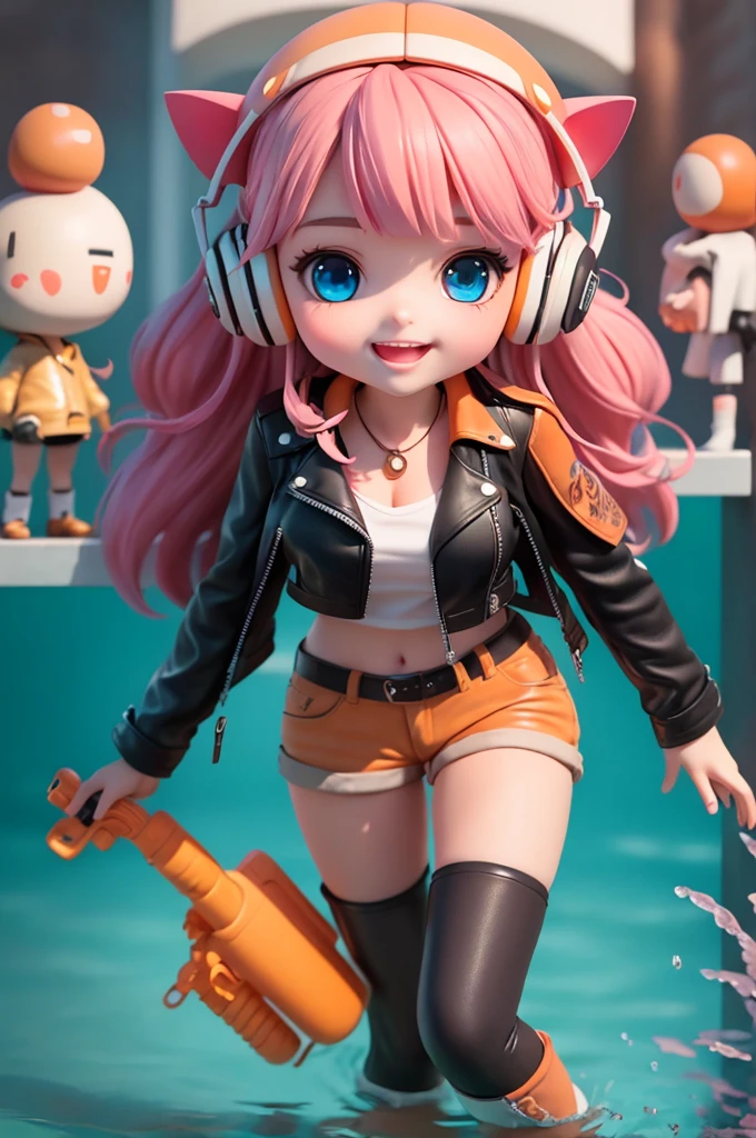 (masterpiece), (extreme), (Very detailed),(Body:1.9),1 girl, Sunlight, charming, orange, (Big Head:1.8), toy doll, Cat ears,Big orange headphones,Cowboy hat,Strap around the waist(((Holding water guns in left and right hands))),Smile, open mouth, whole body,in office, Fashion, (((leather jacket, leather shorts,Boots))), blush, shirt, Long hair, Pink Hair, orange headdress, Fuzzy, Bangs, (Beautiful and delicate face), (Beautiful and delicate eyes),