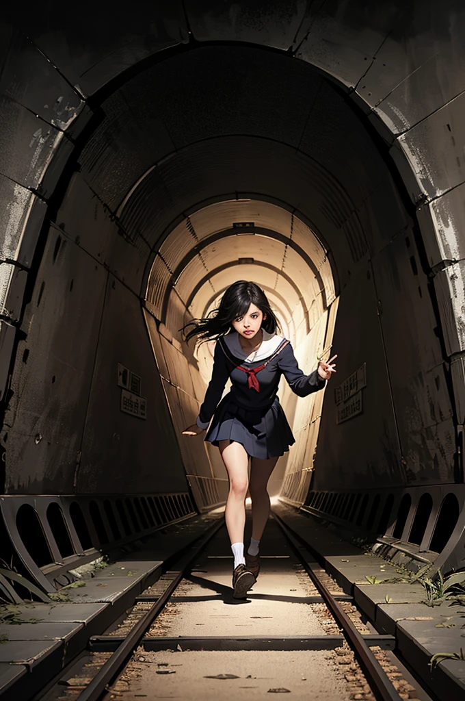 ((Highest quality)), ((masterpiece)), (Familiar), ((pararel, Dark and deserted tunnel:1.2)), (Thriller)、((Fleeing schoolgirl))、(I'What are you worried about?'Iの後ろに)、(Scared:1.1)、((Run at full speed:1.6))、(Illuminated by the pursuer'Light)、((Rear view))、Black Hair、Navy Blazer、(The hem of his white shirt is visible)、Grey plaid skirt、(Long Skirt Length)、Navy blue socks、(Clothes are disheveled:1.1)、Secret photos、(Low angle view from behind)、Navy blue socksのクローズアップ、mangaコマ割り、mangaスタイル、manga、(Exposed rock surface)、Wet road surface、(speed)、((Midnight:1.4))、(vapor:1.2)