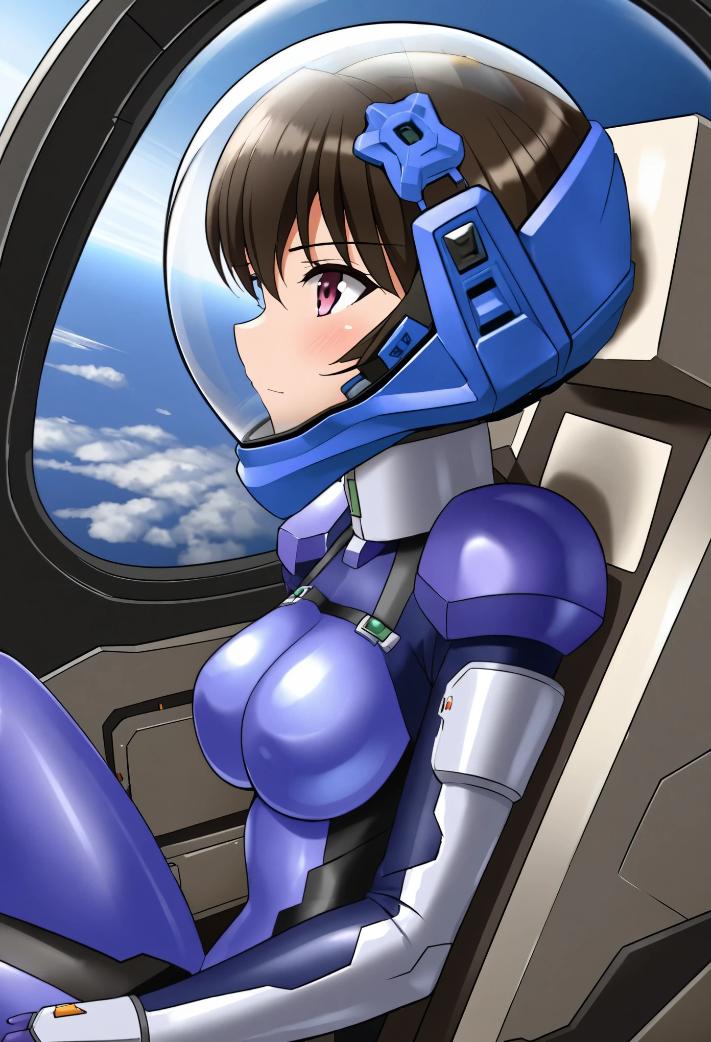 ((Female pilot in the cockpit of a reconnaissance plane), (airplane cockpit), (in flight), (10000 feet altitude)、(sky view):1.7),, short hair, street, emo, BLACK hair, white eyes, eyeliner, apocalypse, girl, nside the (cockpit:1.9) of a (futuristic spaceship:1.6), , blush,sitting on a chair, covered navel, space helmet, muvluv, space helm, plug suit , space helmet, eva helm, space suit, short hair, from side, blue bodysuit
