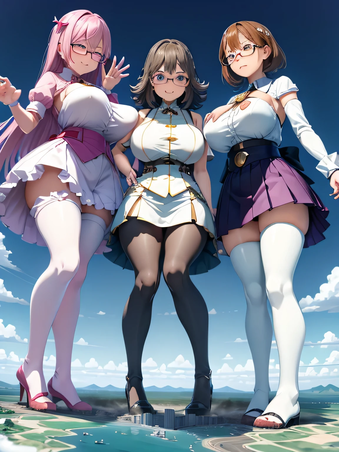 multiple girls, 3girls, standing, giantess art, highly detailed giantess shots, giantess, most detailed, perfect face, Two legs, Five fingers, short hair, A beautiful girl who is bigger than a skyscraper, Wearing rimless glasses, smile, huge breasts, magical girl dress, bow, magical girl, holding a magical wand, black pantyhose, stiletto heels, thunderbolt from a magical wand, seaside metropolis, numerous miniature warships on the sea, Destroying cities, Under heavy attack, A very small big city, Miniature metropolis, Full body description, GTS, giga giantess, gigagts, stomping city, crash city, tiny city, micro city, pantyhose feet, High resolution, highest quality, masterpiece, 